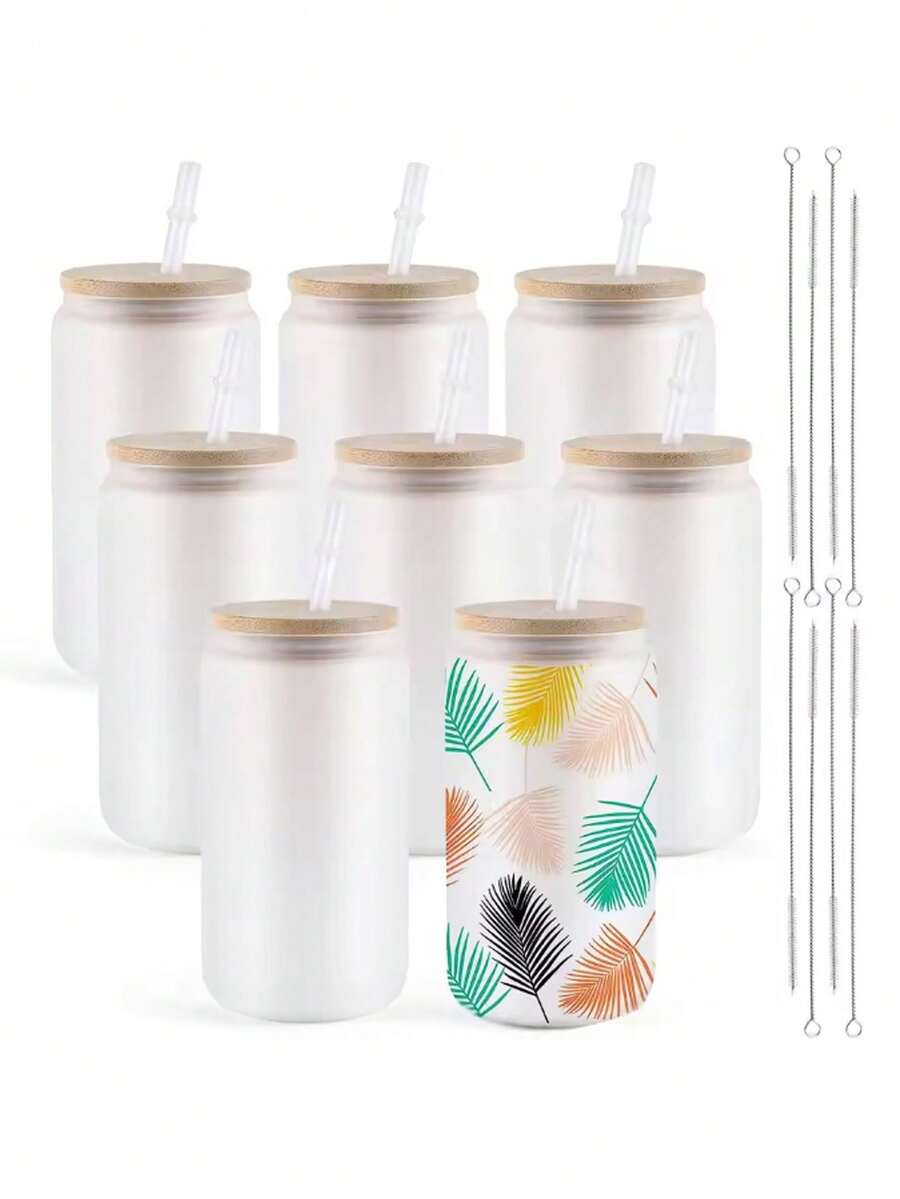 2pcs,16OZ Frosted/Clear Glass Cup Tumblers With Bamboo Lid Sublimate Tumbler Blanks DIY For Iced Coffee Cups