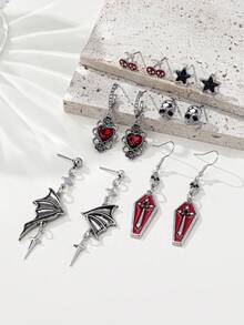 6 对哥特式骷髅、樱桃、五星玫瑰、蝙蝠翼、棺材、蜘蛛、扫帚万圣节耳环套装 - 彩色 - 查看 4