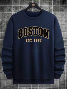 波士顿图案男士基础款卫衣，春秋季休闲街头风，长袖上衣 - 藏蓝色 - 查看 4