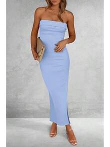 Women's Summer Bodycon Maxi Tube Dress Ribbed Strapless Side Slit Long Going Out Casual Elegant Party DressesHalloween Christmas New Year - 淺藍色 - 查看 6