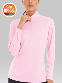 Cavva 女式 UPF50+ 防晒长袖衬衫，吸湿排汗，轻盈透气，前半拉链，公主线，修身设计，适合徒步旅行、高尔夫跑步 - 淺粉色 - 查看 4