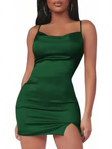 LYANER Women's Satin Silk Spaghetti Strap Slit Bodycon Sleeveless Mini Dress Prom Dress - 綠松石 - 查看 7