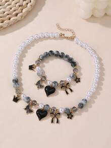 2pcs/Set Girls' Starfish, Shell, Heart, Butterfly & Pearl Beaded Necklace And Bracelet Set, Suitable For Vacation And Daily Decoration - Starfish Shell Necklace Bracelet Set - View 10