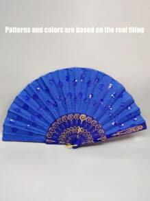 1PC绣花亮片扇孔雀尾亮片扇适用于舞台舞蹈配饰日常家居凉扇居家柜台摆件烫金刺绣礼品扇扇子绣花扇夏季必备凉扇旅行配饰