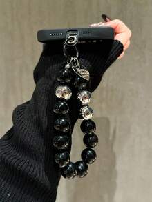 1 pieza Cordón personalizado y creativo para teléfono con cuentas negras, correa de muñeca para funda de teléfono, colgante de llavero - Negro - Ver 1