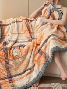 1 件格子提花饰边天鹅绒保暖厚毛毯，柔软亲肤，多种尺寸和用途，适用于办公室、客厅、卧室 - 橘色 - 查看 5