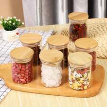 4-6-12pcs/Set Small Capacity Glass Jars With Lids, Glass Containers For Tea, Coffee, Sugar, Food Storage, Spice, Cookies, Kitchen Accessories, Airtight & Moisture-Proof Containers For Organized Kitchen Countertop And Pantry, Transparent Food Storage Containers With Wooden Lids