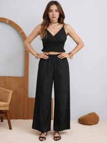 Traje Casual Mujer Dos Piezas,Set De 2 Piezas Camisola Y Pantalones Para Mujer,Conjunto De Vacaciones,Chaleco Elástico Y Pantalón Partido,Blusa Casual Femenina, Traje De Pantalones De Piernas Anchas - Negro - Ver 2