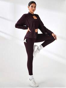Women's 3-Piece Fitness Set Kit: Gym Clothing, Yoga Jacket, Top, And High-Waisted Leggings - 酒紅色 - 查看 3