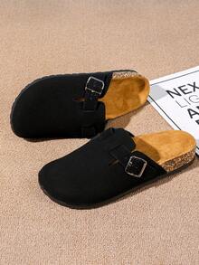 Women's Plus Size Slippers - Comfortable Lining, Thick Non-Slip Cork Sole, Half-Covered Design, Warm Fashionable Suede Mule Shoes, Clogs, Cork Insole Sandals, With Arch Support, Outdoor Beach Slippers, House Shoes - Black - View 1