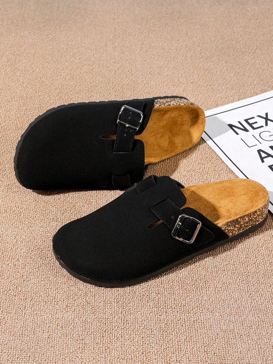 Women's Plus Size Slippers - Comfortable Lining, Thick Non-Slip Cork Sole, Half-Covered Design, Warm Fashionable Suede Mule Shoes, Clogs, Cork Insole Sandals, With Arch Support, Outdoor Beach Slippers, House Shoes - Black - View 1