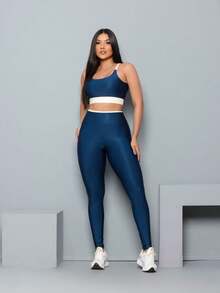 Premium Suplex Fitness Set With Pants And Non-Transparent Cup Top, Fitness Gym Clothing Kit, High Compression Leggings - 藍色 - 查看 5