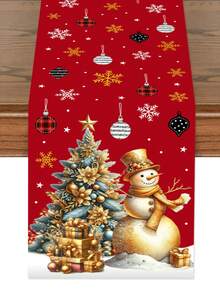 1pc 35x180cm Christmas Polyester Tablecloth, Red Polyester Tablecloth With Gold Snowman And Gift Christmas Tree Pattern, Suitable For Christmas Dinner Table Decoration, Home Holiday Textile Decor - Multicolor - View 3