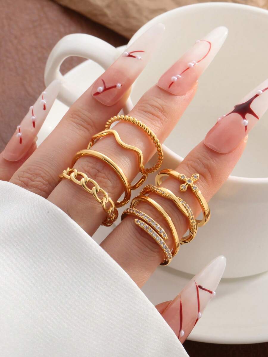 8Pcs 14K Gold Plated  Stackable Rings For Women Non-Tarnish Dainty  Wedding Bands, Engagement Rings Simple CZ Thumb Rings Sizes 4-11 - 金色 - 查看 1