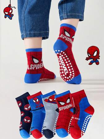 Marvel 5双儿童蜘蛛侠主题袜子，包括女童过膝袜、男童透气防滑卡通袜和儿童防滑室内/运动袜，漫威袜子