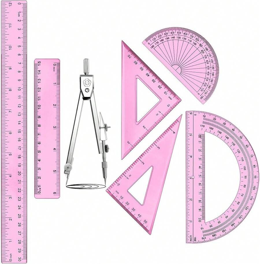 1 Set de Útiles de Geometría de Plástico Incluye Dibujo, Transportador de 6 Pulgadas y 4 Pulgadas, Reglas de 45/60 Grados de 12 Pulgadas y 6 Pulgadas, Suministros de Oficina Transparentes (Rosa) - Rosa - Ver 1