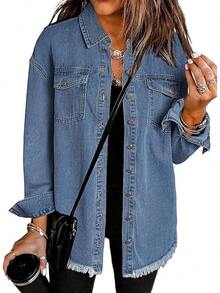 Vetinee Women's Oversized Button Up Frayed Hem Shacket Long Sleeve Pockets Denim Jean Jacket - Medium Blue - 查看 1