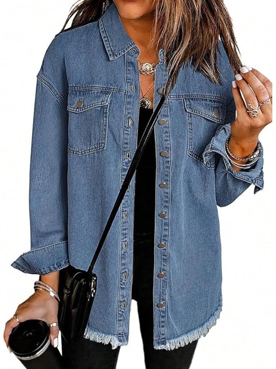 Vetinee Women's Oversized Button Up Frayed Hem Shacket Long Sleeve Pockets Denim Jean Jacket - Medium Blue - 查看 1
