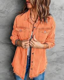 Vetinee Women's Oversized Button Up Frayed Hem Shacket Long Sleeve Pockets Denim Jean Jacket - 橘色 - 查看 3