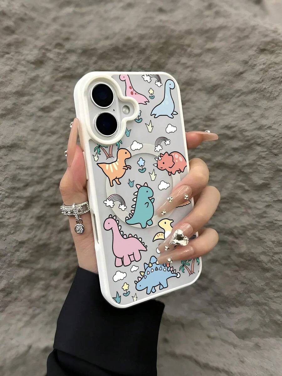 Cute Dinosaur Paradise Pattern Magnetic Clear Phone Case For IPhone 17/16/15/14/13/12/11/Air/ProMax/Pro/Plus,For Samsung Galaxy S25/S24/S23/S22/FE/Ultra, Matching Acrylic+TPU Cover Y2K Fundas Para Cover De Creative Shockproof, Girls Android Cases Men Women, Pink Black White - 白色 - 查看 1