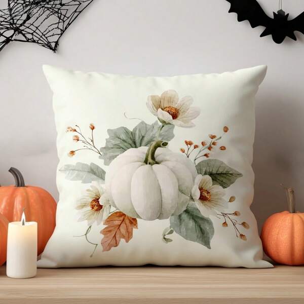 1pc Autumn Pumpkin & Floral Printed Soft Peach Velvet Cushion Cover, 45*45CM Pillow Sham Suitable For Room, Living Room, Sofa Decor, Party Decor, Decorative Pillow Gift