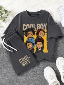 Tween Boy Cartoon Graphic Print Crew Neck Short Sleeve T-Shirt And Shorts Set