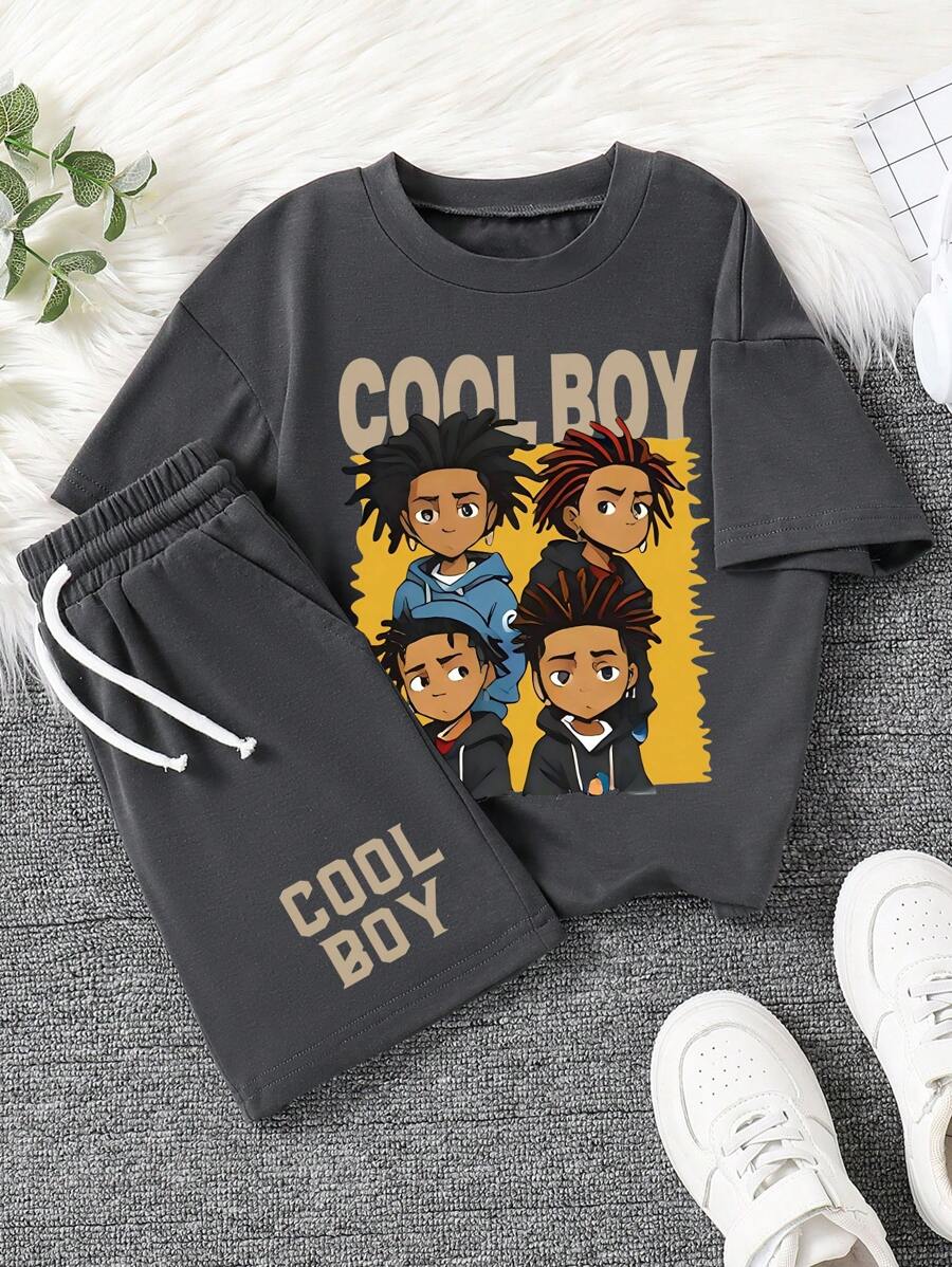 Tween Boy Cartoon Graphic Print Crew Neck Short Sleeve T-Shirt And Shorts Set