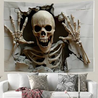Skeleton And Broken Wall Backdrop Creative Scary Halloween Wall Banner For Home Office Party Decoration