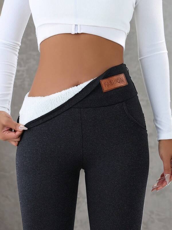 1 pièce Leggings confortables en duvet de neige chauds et moelleux, leggings longs taille haute élastiques avec poches, automne / hiver