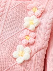 2pcs/Set Baby Girls Casual Versatile Solid Color Cute Floral Decor Round Neck Long Sleeve Sweatshirt Top And Elasticated Waist Sports Pants Set - Pink - View 3