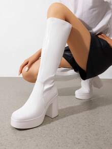 Women's Platform Chunky Heel Knee-High Boots Square Toe Fashionable Solid Color Y2K GoGo Boots - 白色-PAT - 查看 6