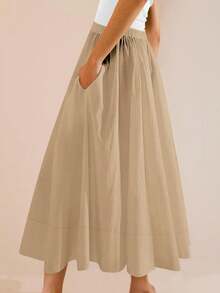 Womens A-Line Midi Skirt Elastic High Waist Pleated Flowy Swing Casual Long Skirt With Pocket - 卡其色 - 查看 3