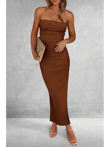 Women's Summer Bodycon Maxi Tube Dress Ribbed Strapless Side Slit Long Going Out Casual Elegant Party DressesHalloween Christmas New Year - 棕色 - 查看 6
