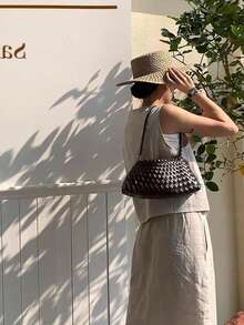 1 pieza Conjunto de bolso de hombro tejido vintage + bolsa con cordón, Juego de bolso de estilo artístico hecho a mano, Nuevo nicho de verano Versátil bolso de hombro/axila tejido a mano, Adecuado para uso diario, compras, viajes, vacaciones