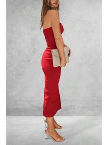 Women's Summer Bodycon Maxi Tube Dress Ribbed Strapless Side Slit Long Going Out Casual Elegant Party DressesHalloween Christmas New Year - 紅色 - 查看 2