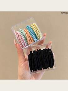 50个/罐 时尚高弹细发圈，简约基础款发圈，细罗纹发圈，小巧精致发饰，礼品，马尾辫发圈，发绳，橡皮筋，发绳头饰 - 彩色 - 查看 24