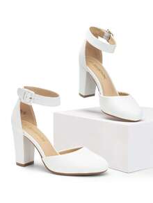 Women's High Heel Closed Toe Dress Shoes Chunky Wedding Pumps For Ladies - White - View 4