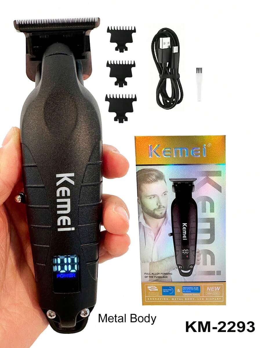 Kemei品牌金屬機身新款專業電動理髮剪，0mm零間隙修剪器，男士無線充電式強勁理髮剪，附LCD顯示螢幕，高品質，型號KM-2293