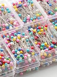100 piezas/Caja Alfileres decorativos de plástico con perlas falsas de colores para hacer ropa, San Valentín, boda de San Valentín, manualidades de cumpleaños, suministros de costura, accesorios de costura, manualidades DIY, diseño de moda y acolchado - Colores surtidos, accesorios de costura, alfileres de acolchado, suministros de manualidades, agujas multiusos, caja de almacenamiento duradera - Multicolor - Ver 1