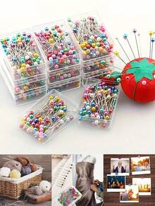 100 piezas/Caja Alfileres decorativos de plástico con perlas falsas de colores para hacer ropa, San Valentín, boda de San Valentín, manualidades de cumpleaños, suministros de costura, accesorios de costura, manualidades DIY, diseño de moda y acolchado - Colores surtidos, accesorios de costura, alfileres de acolchado, suministros de manualidades, agujas multiusos, caja de almacenamiento duradera - Multicolor - Ver 9