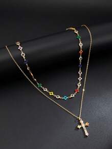 4pcs Vintage Punk Gorgeous Multi-Color Rhinestone Cross Necklace Set, Party & Festival Accessory For Men