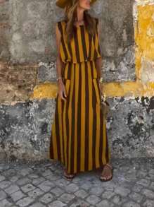 Elegant Leisure Vacation Woman's Striped Small Round Neck Double Pocket Long Dress