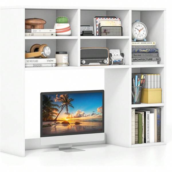 Desktop Bookshelf, Desk Hutch Dorm W/ 7 Cubes & 3 Adjustable Shelves, Desk Shelf For Up To 27" Computer Monitors, Wooden Desktop Storage Organizer For Dorm College Office Home (White)