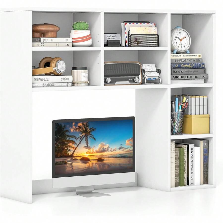 Desktop Bookshelf, Desk Hutch Dorm W/ 7 Cubes & 3 Adjustable Shelves, Desk Shelf For Up To 27" Computer Monitors, Wooden Desktop Storage Organizer For Dorm College Office Home (White)