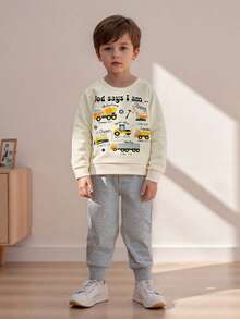 Toddler Baby Boys Fall Winter Outfit Fashionable Tool Cart Print Long Sleeve Sweatshirt Pullover Tops With Solid Color Pants 2 Pcs Outfits - Beige - View 3