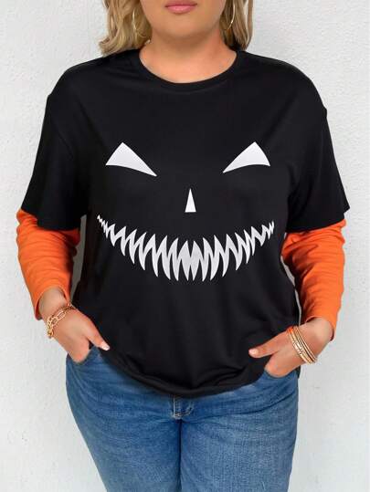 Camiseta de manga larga con estampado de fantasma para mujer de talla grande, de cuello redondo minimalista casual 2 en 1, para fiesta de vacaciones, top de otoño