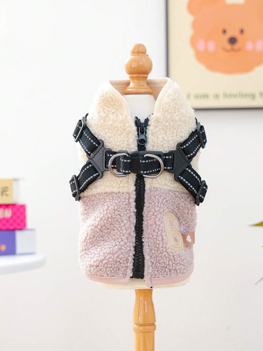 1 件宠物服装，狗/猫服装，小型犬幼犬可爱宠物服装，狗狗服装，小型犬秋冬保暖舒适羊毛拼布背带背心 - 粉色和白色