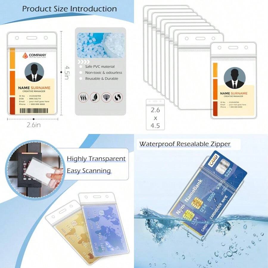 Cuix30 Pcs Vertical Clear Badge Holder Plastic Badge Holders For Lanyards With Waterproof Resealable Zip Name Badge Holders For RFID Proximity Badge Swipe Credit Cards 4.75x2.6inxingbing - Clear - View 1