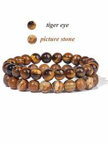 2 件天然石串珠配对手链 8 毫米情侣距离能量手链玛瑙绿松石宝石弹力手镯首饰套装男女礼物 - 彩色 - 查看 4