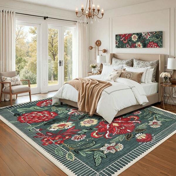 1PCS Room Decor Modern Floral Pattern Area Rug For Living Room Dorm Nature-Inspired Machine Washable Carpet Stain Resistant Non-Shedding Indoor Rug For Dining Room Bedroom Runner For Hallway Kitchen Enterway